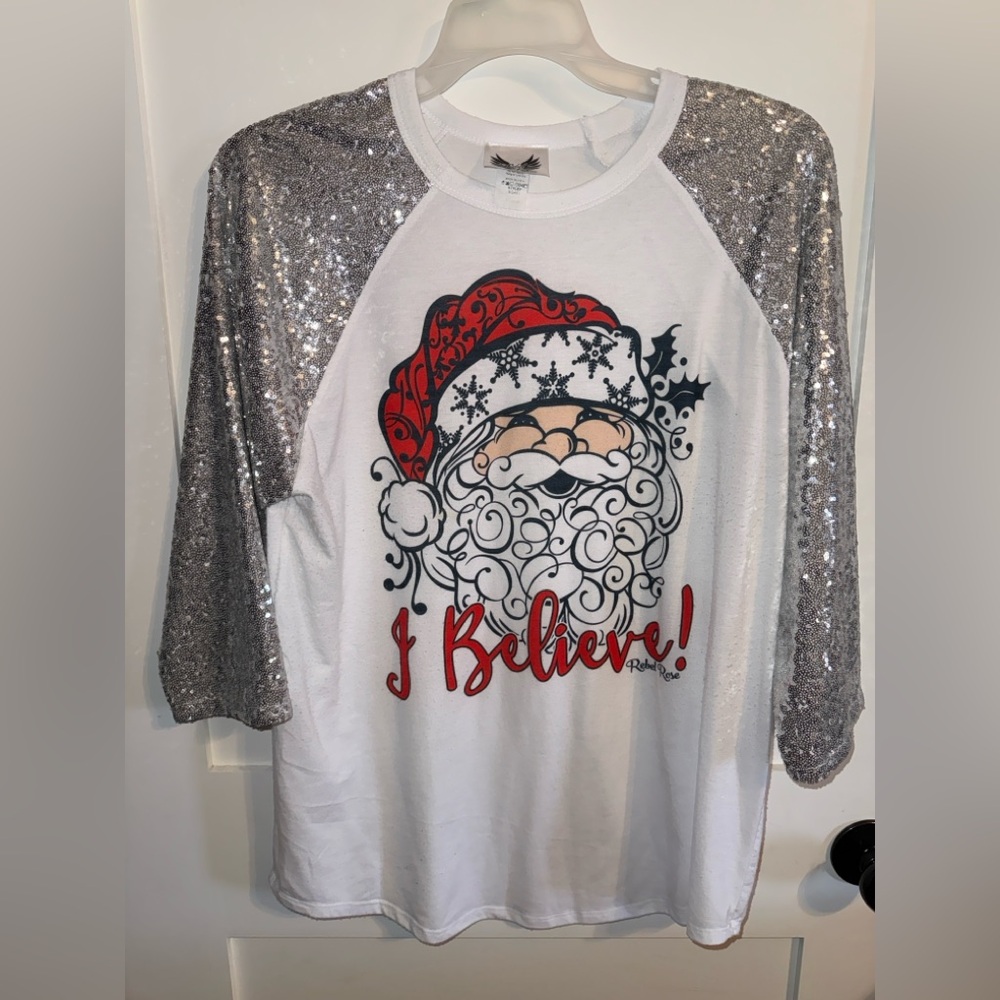 Rebellious Rose Santa Long Sleeve Tee with Silver Sparkle